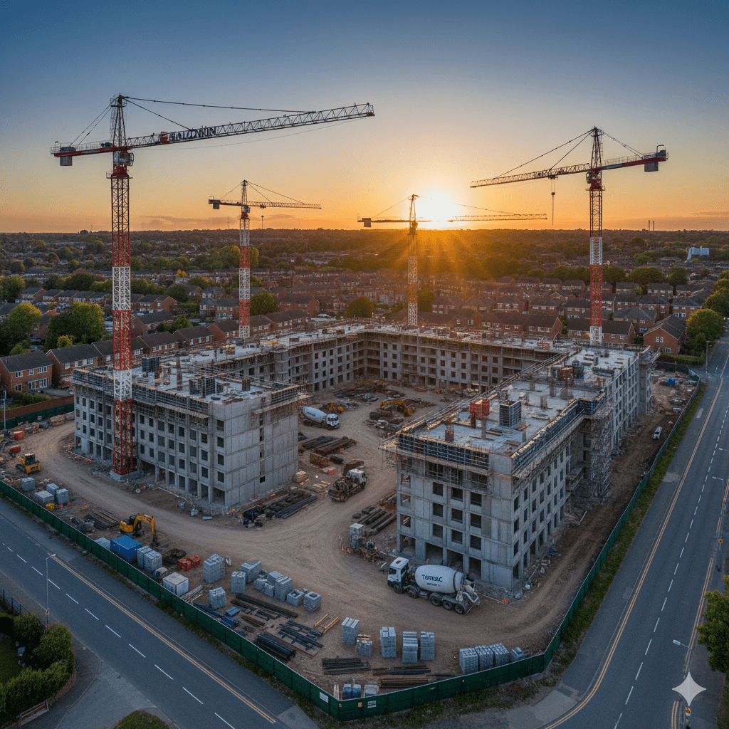 Drone construction progress monitoring over a building site